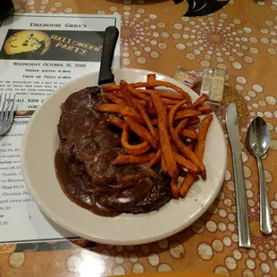 Liver and Onions with homemade gravy and sweet potato fries!