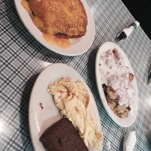 Peach topped pancakes - chipped beef over home fries - eggs and scrapple