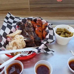 3 meat bbq plate with 2 sides