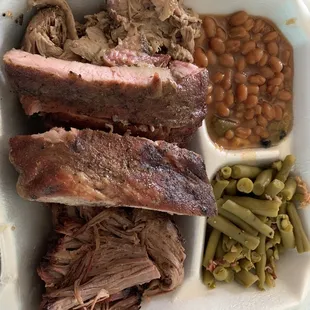 3-meat platter (brisket, pork ribs, pulled pork) and 2 sides (green beans bacon, bbq beans)