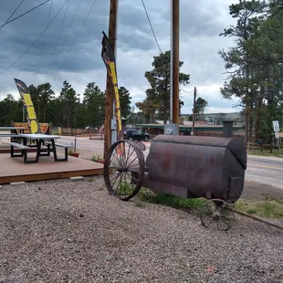 a fire hydrant and picnic tables