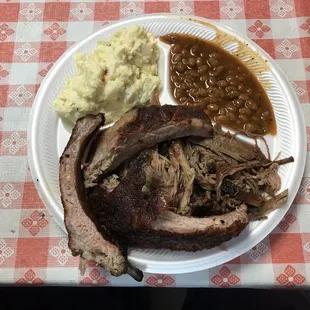 3 meat plate &amp; 2 sides $ 16.95