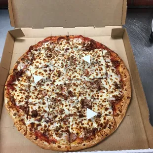This is our supreme party pizza it&apos;s supremely delicious and alot of pizza at a fair price! This is a thin crust we offer deep dish too