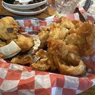 Onion rings. Batter on the right. One piece of onion!