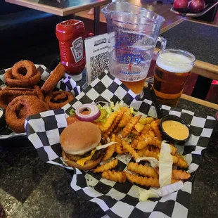 Cheeseburger sliders, onion rings, my drink, BATTALION PUNCH, and a pitcher of beer