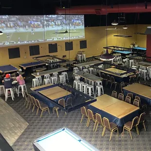 View of the back dining area from the second level.