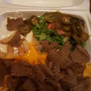 Gyro Cheese Fries. Very, very good. Traditional cucumber sauce, green salad with tomato. Yummy !