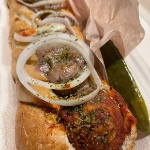 a hot dog with onions and pickles