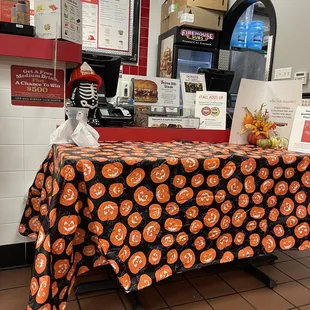 a table covered with a tablecloth