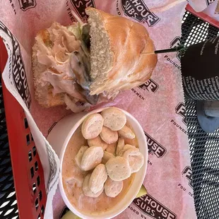 Engineer sandwich with potato soup