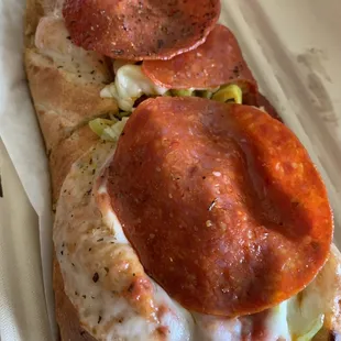Pepperoni Pizza Meatball Sub with pepperoncinis