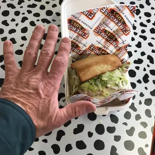 a hand holding a sandwich