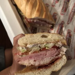 a hand holding a sandwich