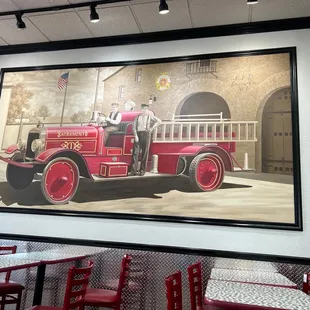a fire truck in a restaurant