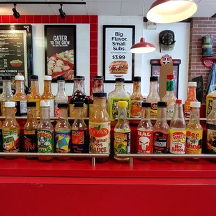 a display of hot sauces