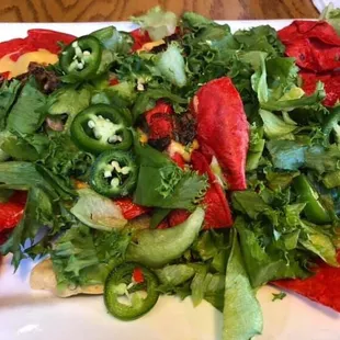 FireHouse Nachos - Tortillas, Cheese, Pulled Pork, lettuce, and Fresh Jalapeños (I asked them to hold the tomatoes)