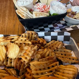 Gyro salad, chili, waffle fries &amp; sliders