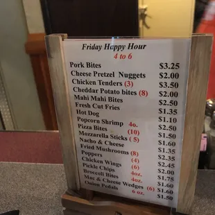 the menu for the friday happy hour