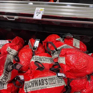 a pile of red bags