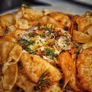 a plate of potato chips and dip