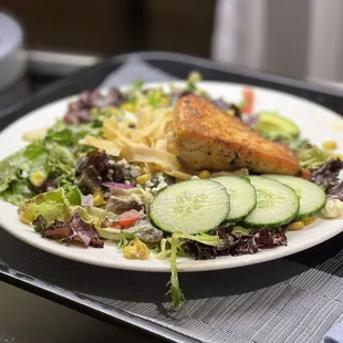 Roasted Corn and Salmon with warms greens  Room service at Radisson Blue Aque.