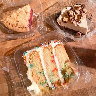 Guava Berry Pie Slice (amazing), Chocolate Peanut Butter Pie Slice (good), Birthday Cake Slice (excellent)