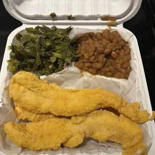 Catfish, baked beans and collard Greens