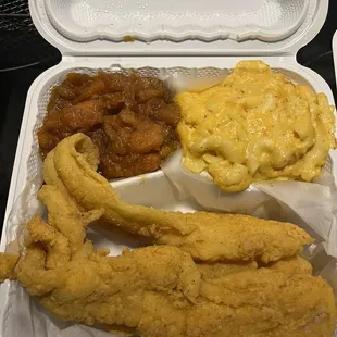 Catfish, mac and cheese and Candied Yams
