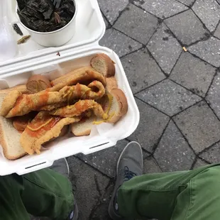 Bomb dot com.    Catfish sandwich with side of greens