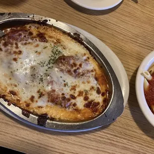 a pizza and pasta dish