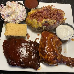 1/4 ribs and chicken, fully loaded bake potatoe