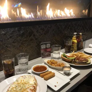 Mozzarella Sticks, Black &amp; Bleu Burger, Cheese Curds, and Caprese Flatbread
