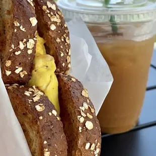 Cold Brew with Caramel and Vegetarian Breakfast Sandwich