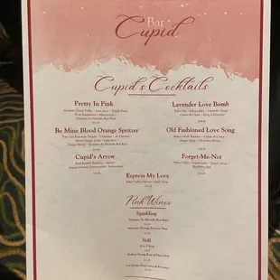Bar Cupid cocktail menu