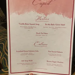 Bar Cupid dinner menu