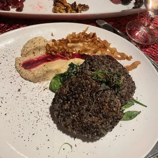 Scorched fennel quinoa cake with celery root purée and beet gel