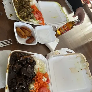 Top: Curried Goat, then 4 Piece Fried Plantains, bottom: Oxtail Stew
