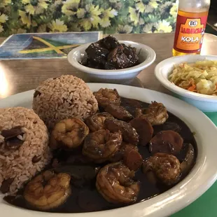 The Jerk Shrimp with Beans/Rice with Cabbage and a side of Ox.Tails!