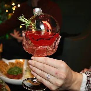 The Nightmare Before Christmas Margarita was made with Suerte Reposado, J.M. Shrubb, acidulated blood orange juice &amp; saffron simple.
