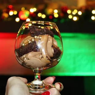 The Salted Caramel Brownie Trifle was made with dark chocolate mousse, salted caramel, brownie bits &amp; gold croquant.