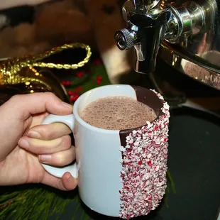 We selected peppermint mugs and filled them to the brim with piping hot, hot cocoa.