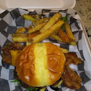 Bacon cheese burger with Parmesean truffle fries