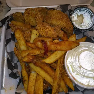 Catfish, tiny little fried oysters in there somewhere and French fries