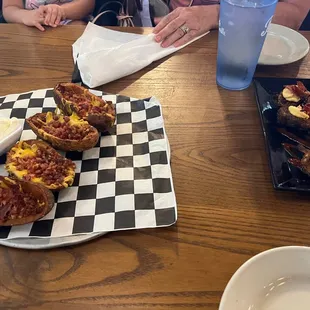 Potato skins and fried deviled eggs.