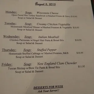 Nightly dinner special menu.