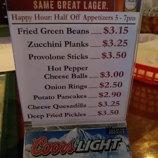 Happy hour half off menu.