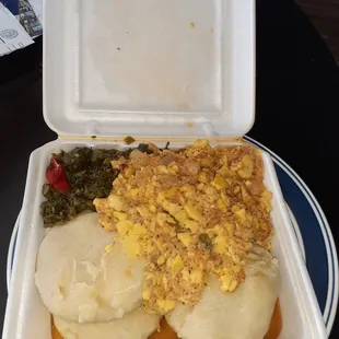 Callaloo, ackee and saltfish, and dumplings