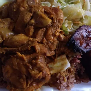 Curry Chicken, Rice and peas, cabbage, and plantains