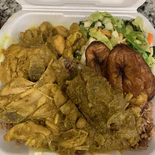 Curry Chicken, rice &amp; peas, cabbage