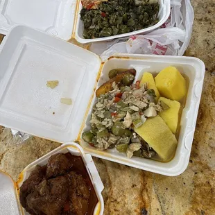 Brown stew Chicken // Okra &amp; Saltfish, Yellow Yam // Callaloo &amp; Salt fish , Banana &amp; Boil Dumpling